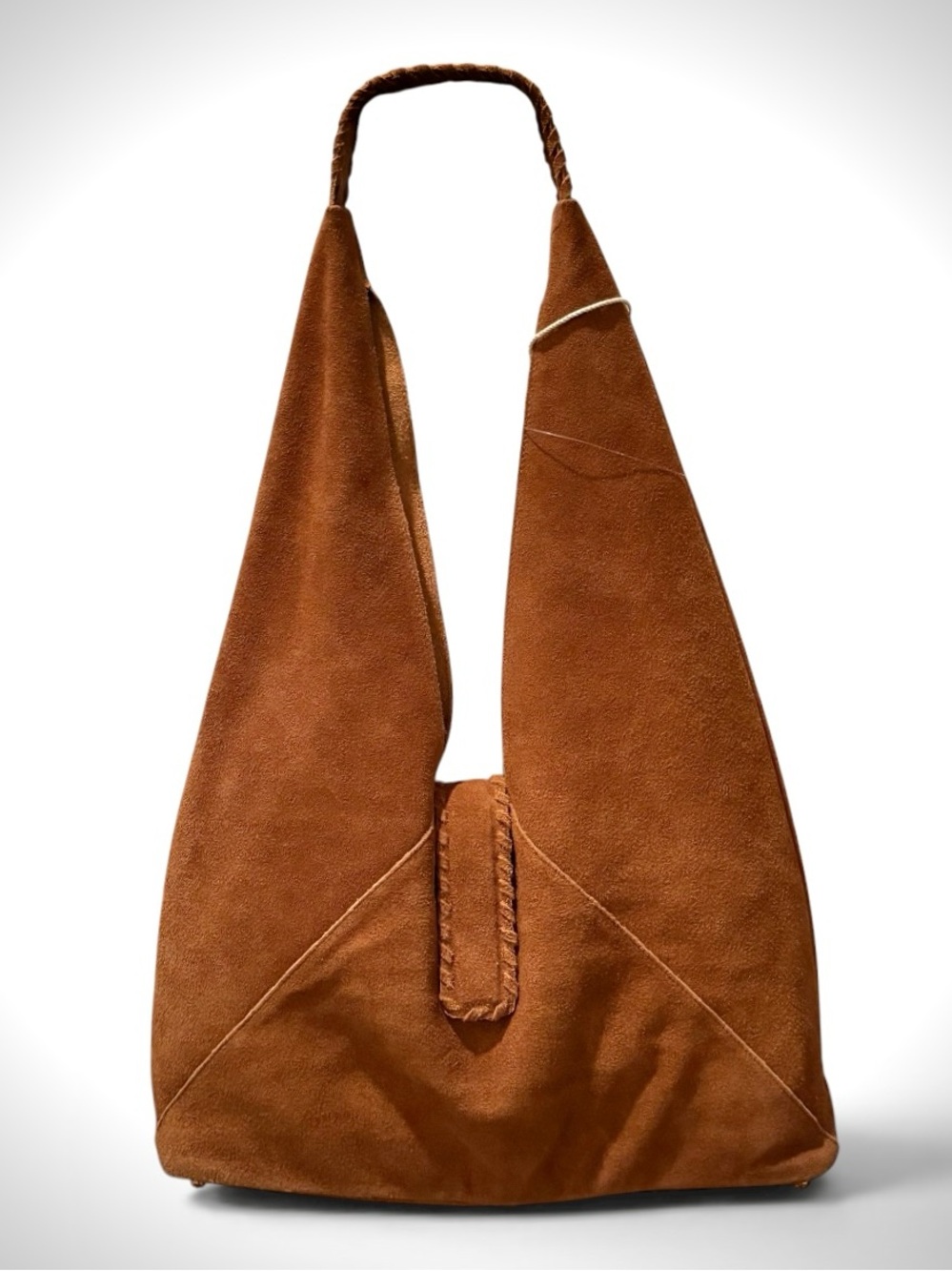 HAUTE HIPPIE STYLE Triangle Hobo Shoulder Bag 100% Genuine Suede Camel NWT Boho - Picture 7 of 16